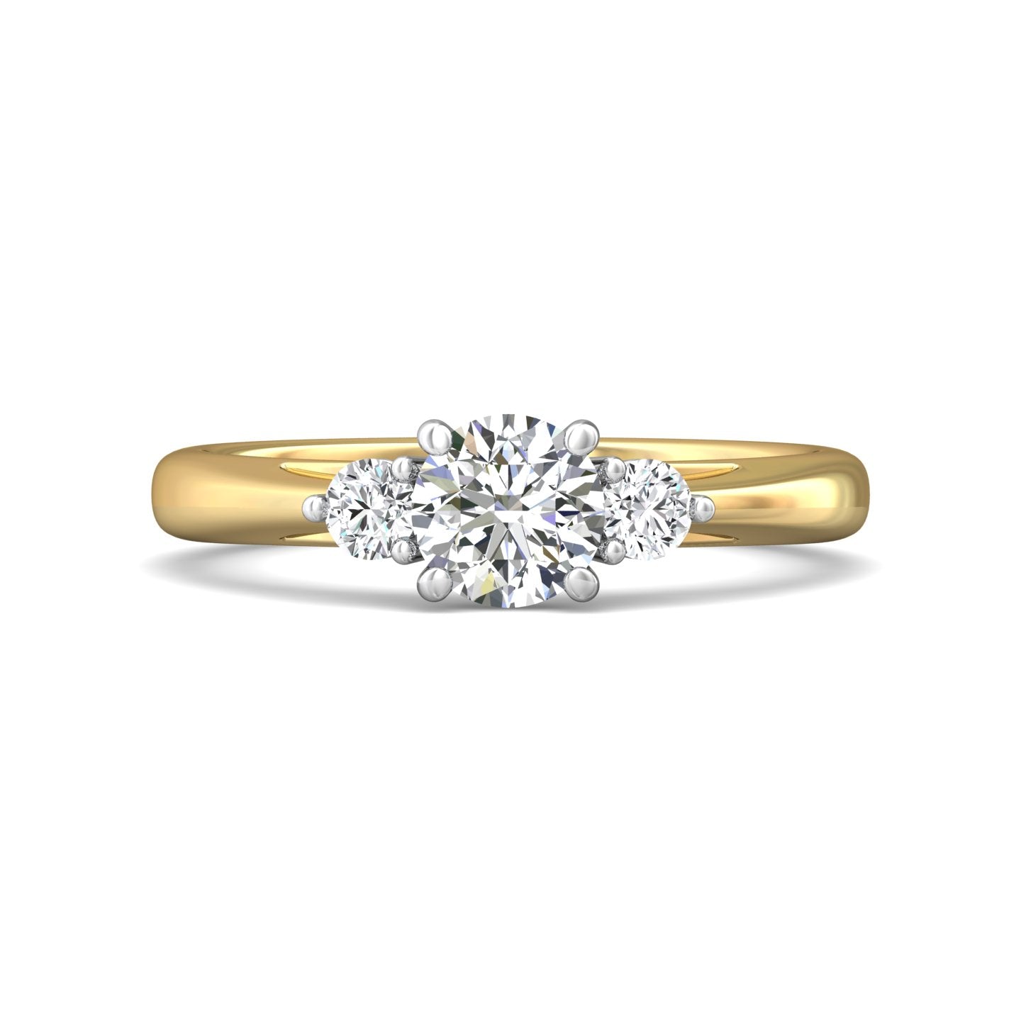 14K Gold Yellow/White Three Stone Engagement Ring from the Three Stone collection - DERT02XS_14KYW_Rd_5.5_Prm_H-I_SI1